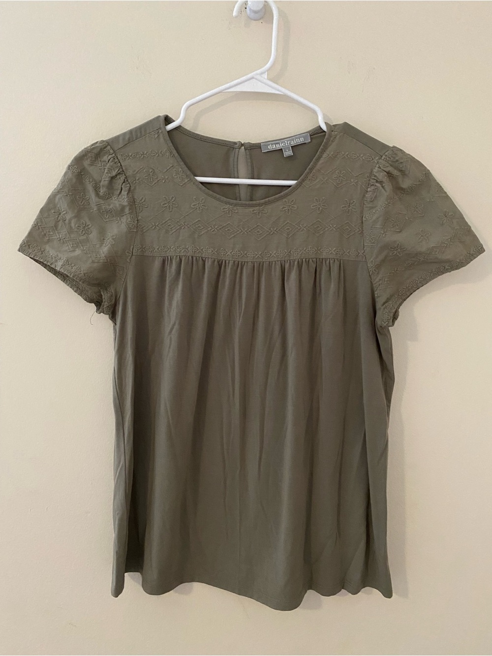 Daniel rain Olive Bamboo blend Embroidered Puff Sleeve Women’s Flowy Top